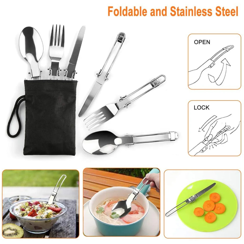 Camping Cookware Mess Kit Pot Pan Kettle Cooking Set with Spoon Fork X23260