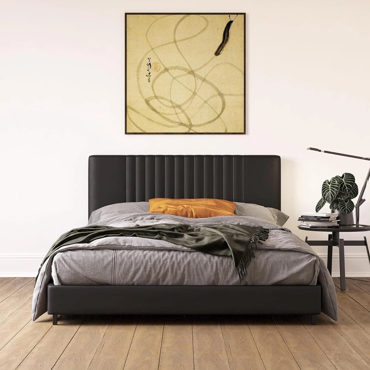 Black Faux Leather Upholstered Platform Bed With Tufted Headboard K16122