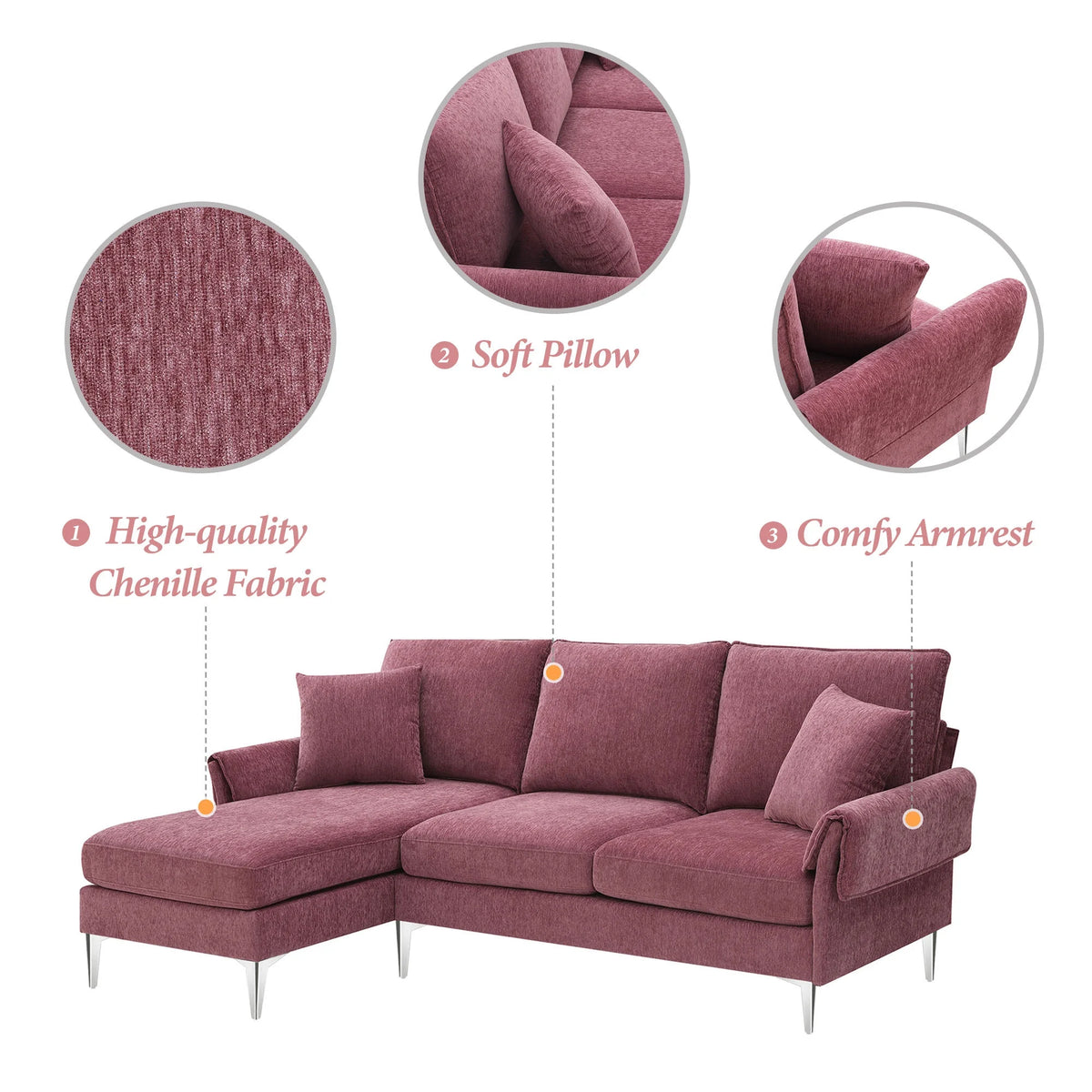 Dark Pink L-Shaped Convertible Sectional Sofa with Reversible Chaise Lounge Z323291