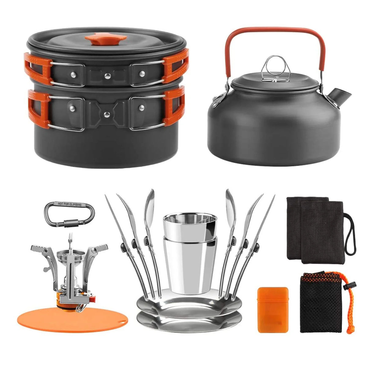 Camping Cookware Mess Kit Pot Pan Kettle Cooking Set with Spoon Fork X23260