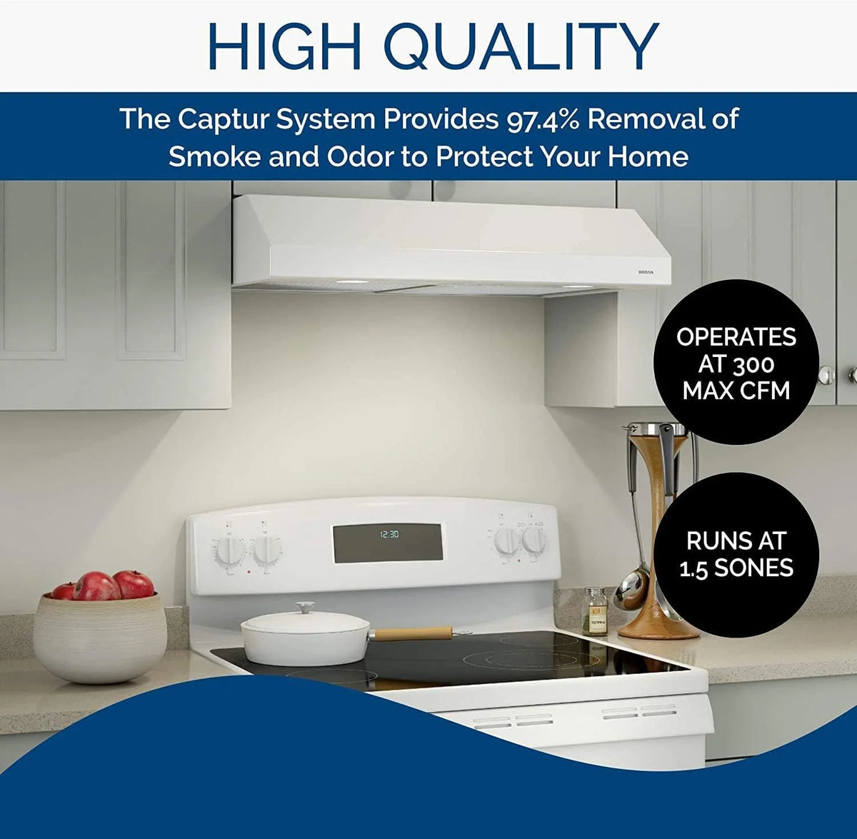 White 30-inch Under-Cabinet 4-Way Convertible Range Hood with 2-Speed Exhaust Fan and Light, 300 Max Blower CFM O5813