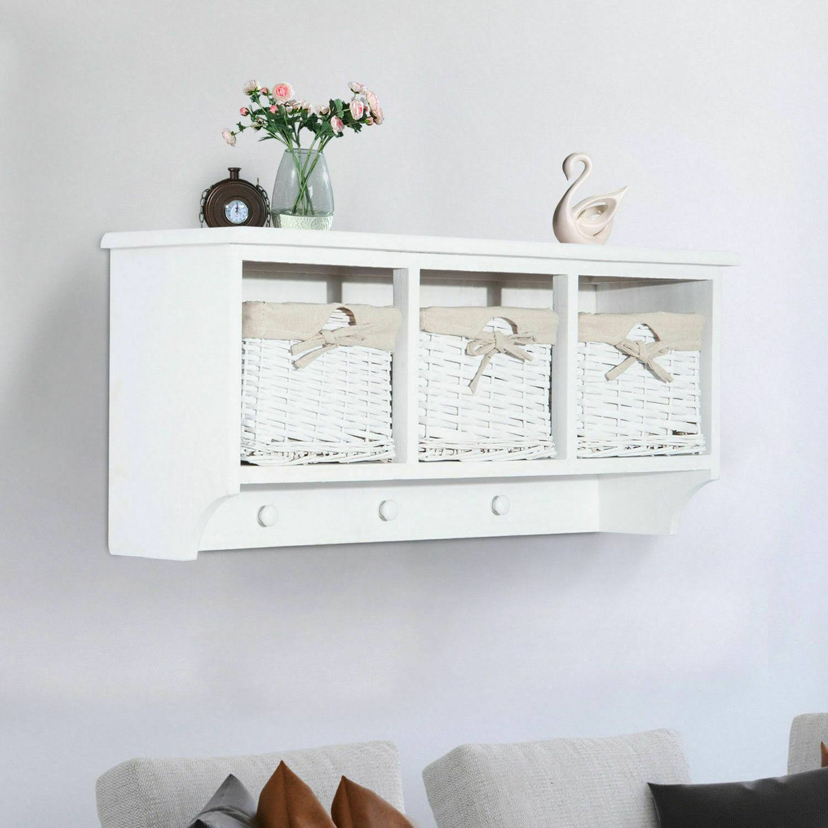 Wall Mounted Cabinet Coat Rack Shelf Storage with Hooks & Baskets O93722