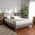 Grey Fabric Upholstered Walnut Brown Wood King Size Platform Wingback Bed O4654