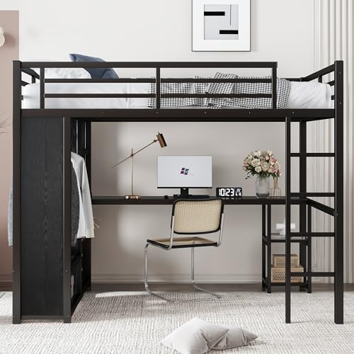 Queen Size Black Metal Loft Bed with Wardrobe and Desk H59215