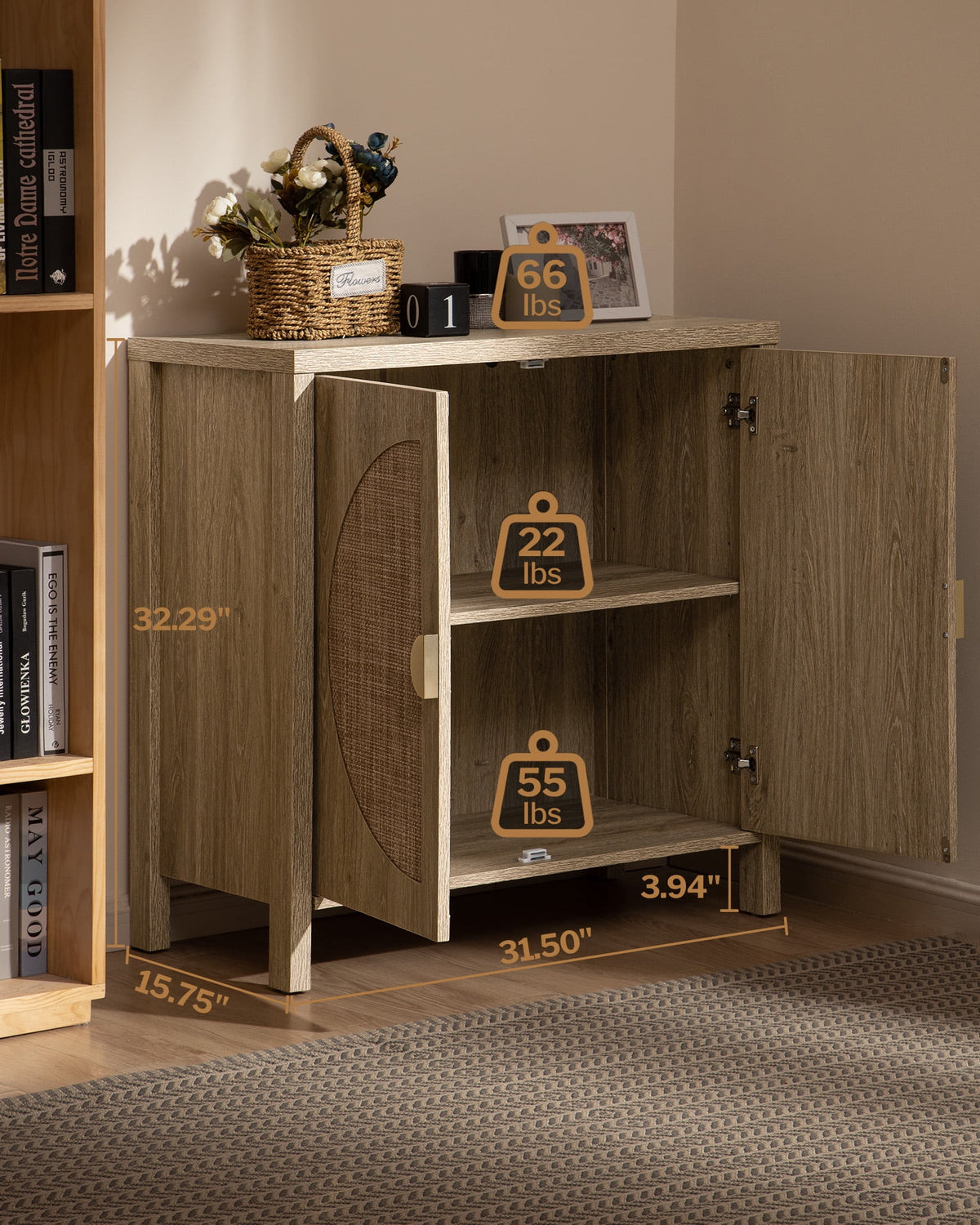 Oak Rattan Sideboard Storage Cabinet Set of 2 Y5141