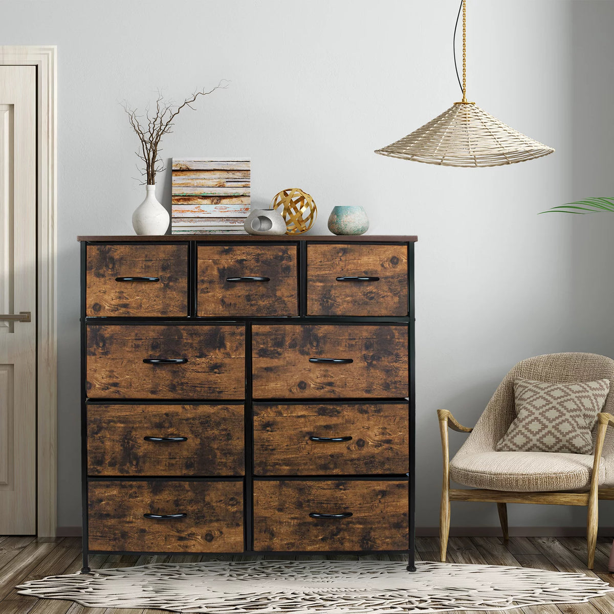 Fabric 9 Drawer Dresser with Wood Top M5841