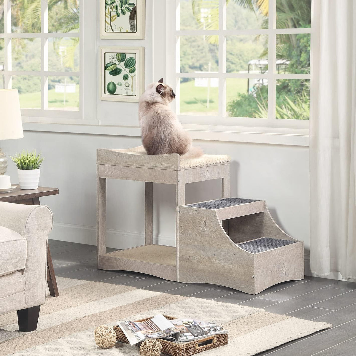 Pet Bunk Bed with Removable Step, Multi-Level Bed Window Perch Seat Platform with Cushion and Cat Scratch Pad L41407