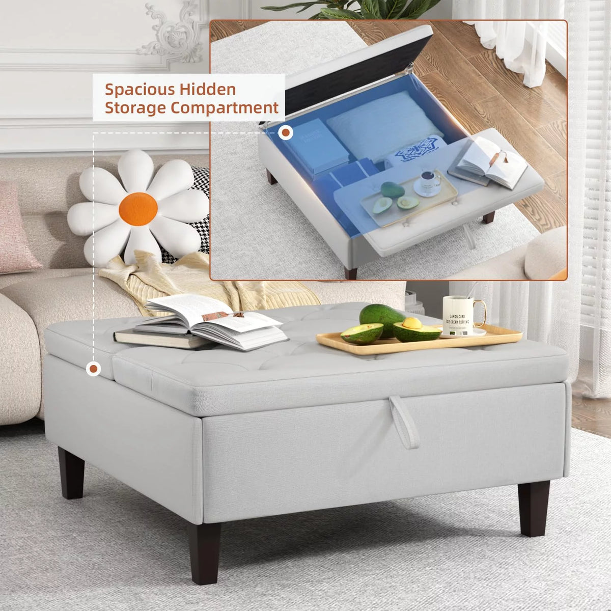 Light Gray Linen Square Storage Ottoman L3069