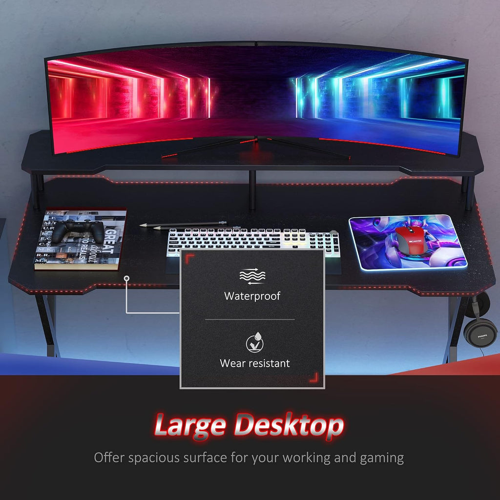 Black 55 inch Gaming Desk with Monitor Stand and Headphone Hook E926276