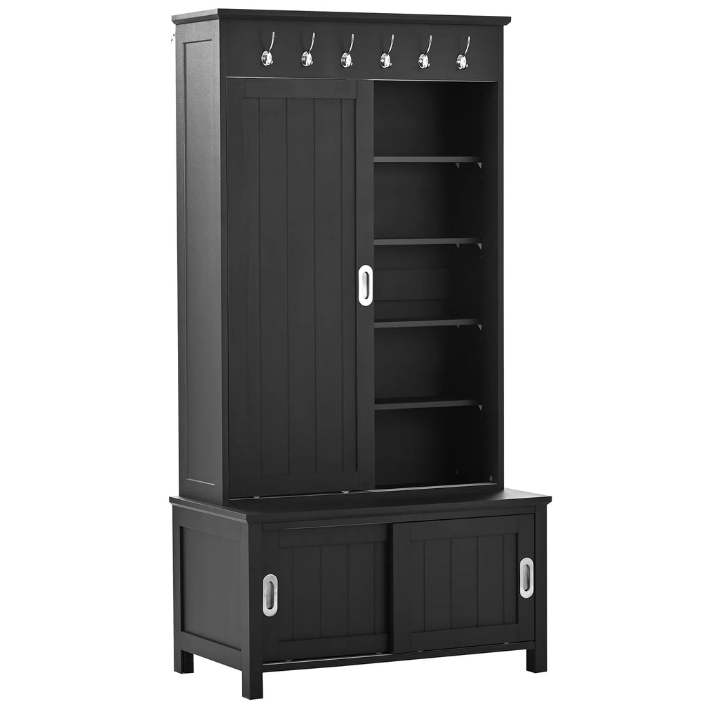 Black Wooden Hall Tree with Bench and Shoe Storage T358