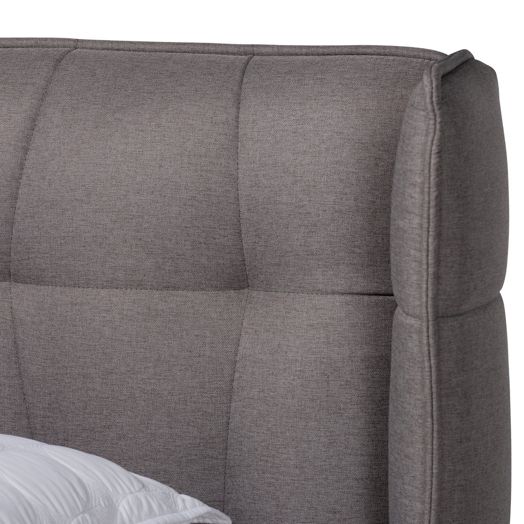 Grey Fabric Upholstered Walnut Brown Wood King Size Platform Wingback Bed O4654