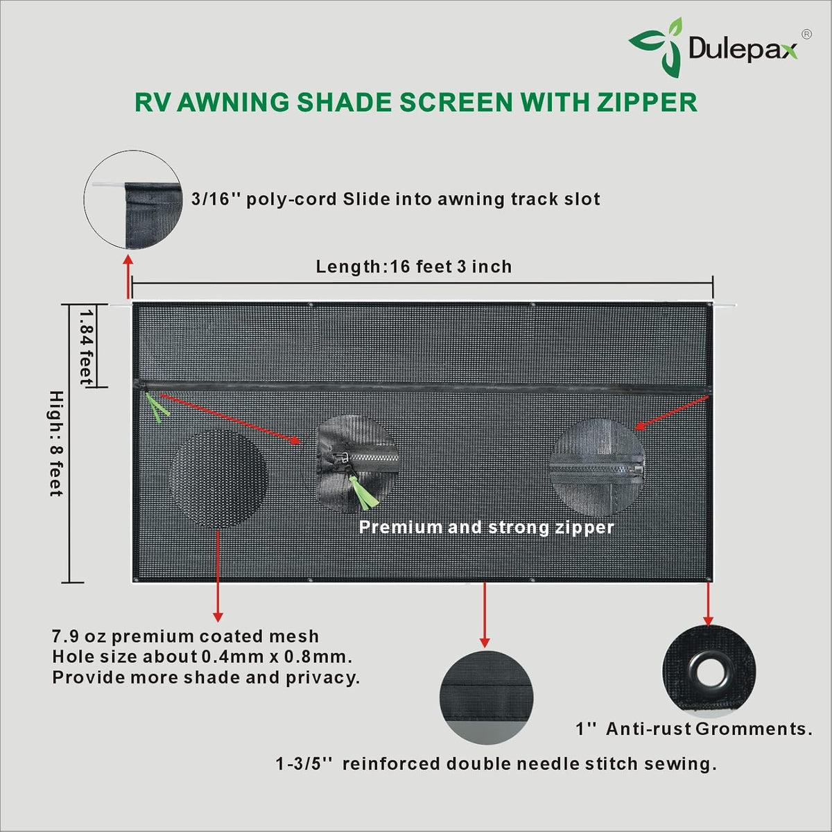 RV Awning Shade Screen with Zipper 8'X12'3'' Z469