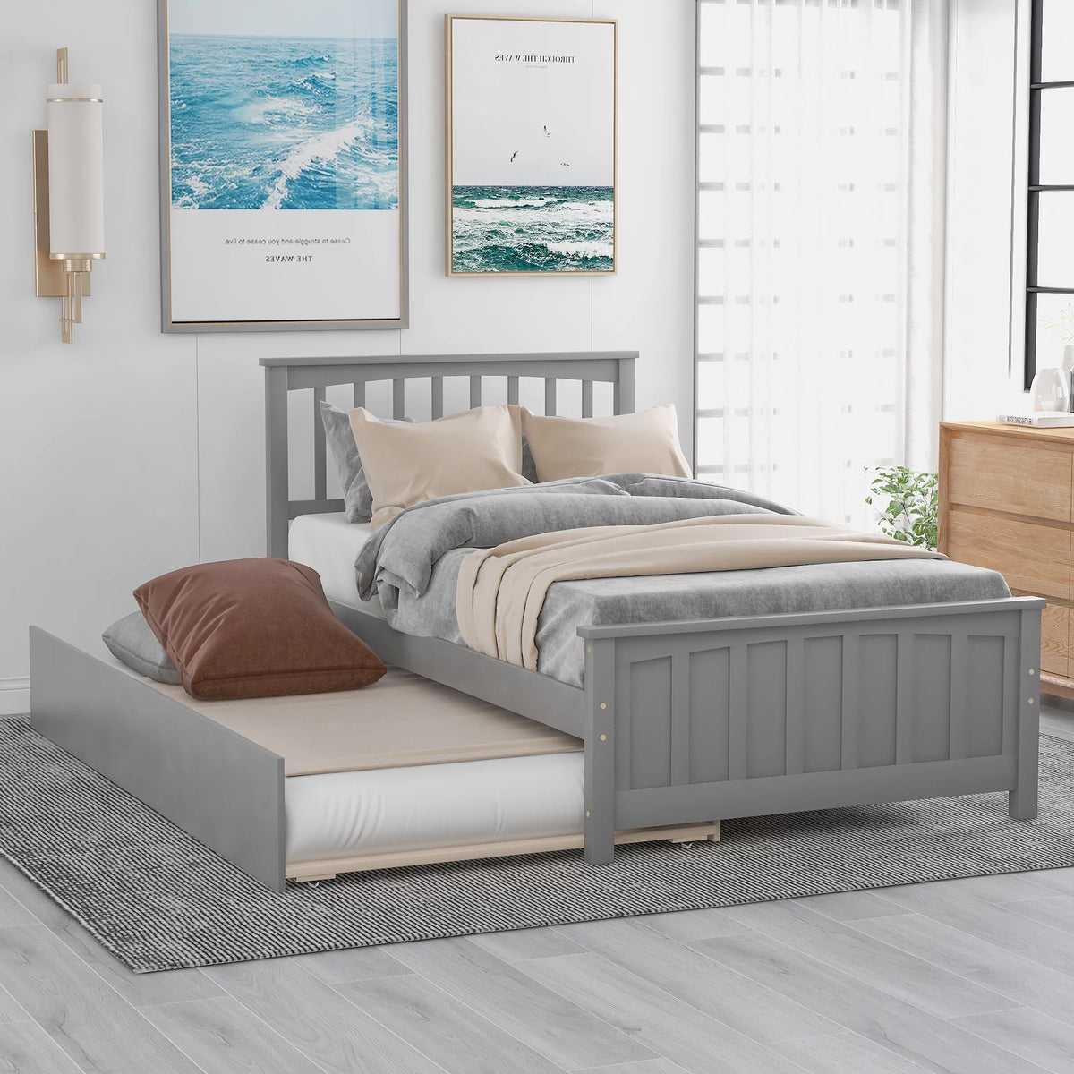 White Solid Wood Twin Platform Bed with Trundle V170