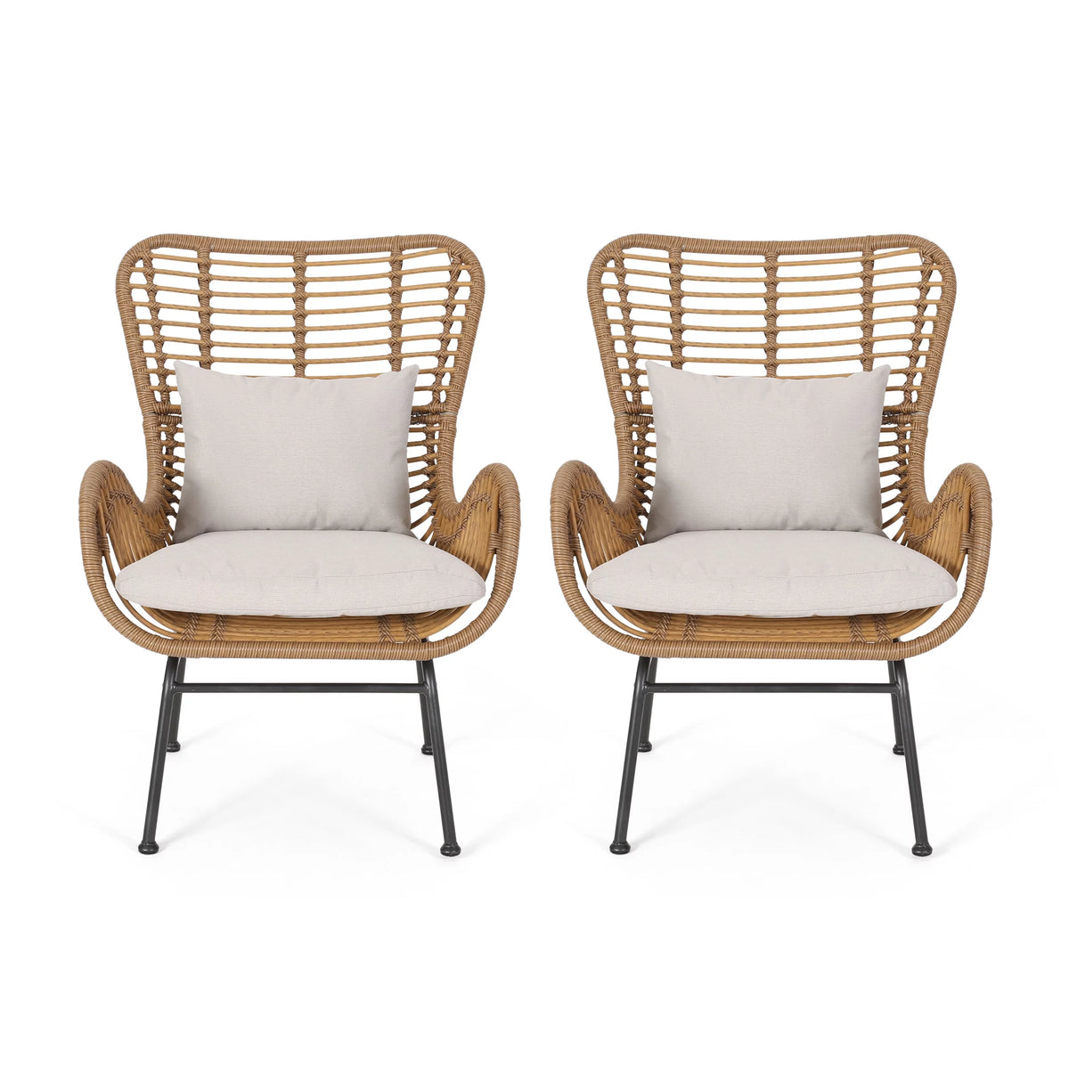 Light Brown and Beige Wicker Club Chairs with Cushions, Set of 2 P492565