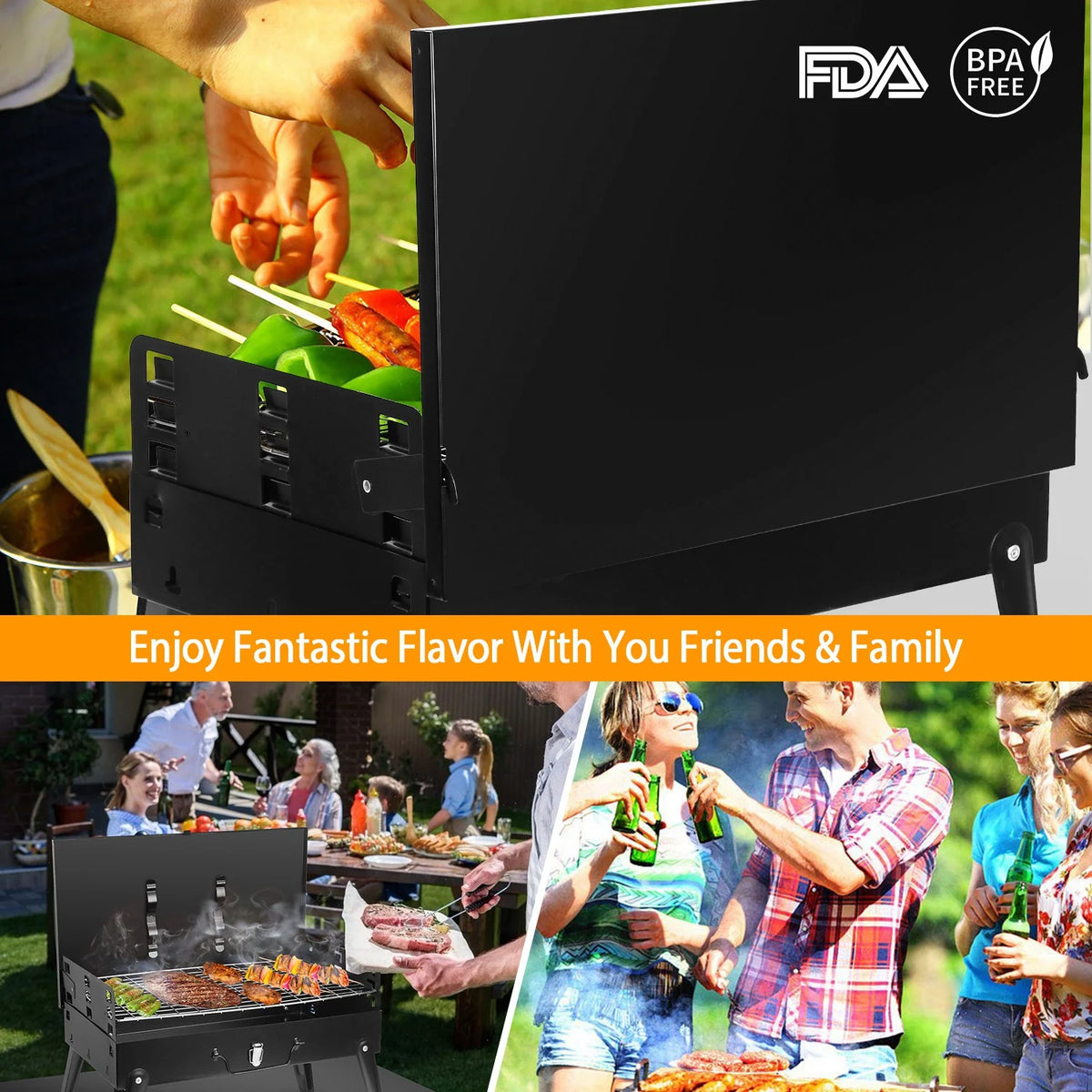 Portable Charcoal Grill with 2Pcs Non-Stick Mat, Black Y159497