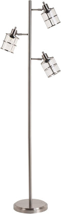 Modern 3 Floor Lamp with Adjustable Ribbed Glass Shades, 68 in, Brushed Nickel S414