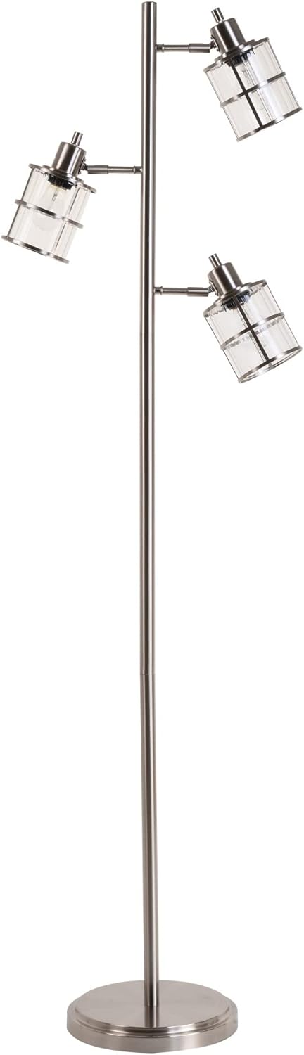Modern 3 Floor Lamp with Adjustable Ribbed Glass Shades, 68 in, Brushed Nickel S414
