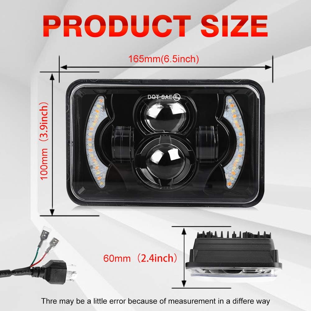 2pcs 4x6 Inch LED Headlights Sealed Beam 80W Amber Halo Rectangular Replacement Pack of 2 W41853