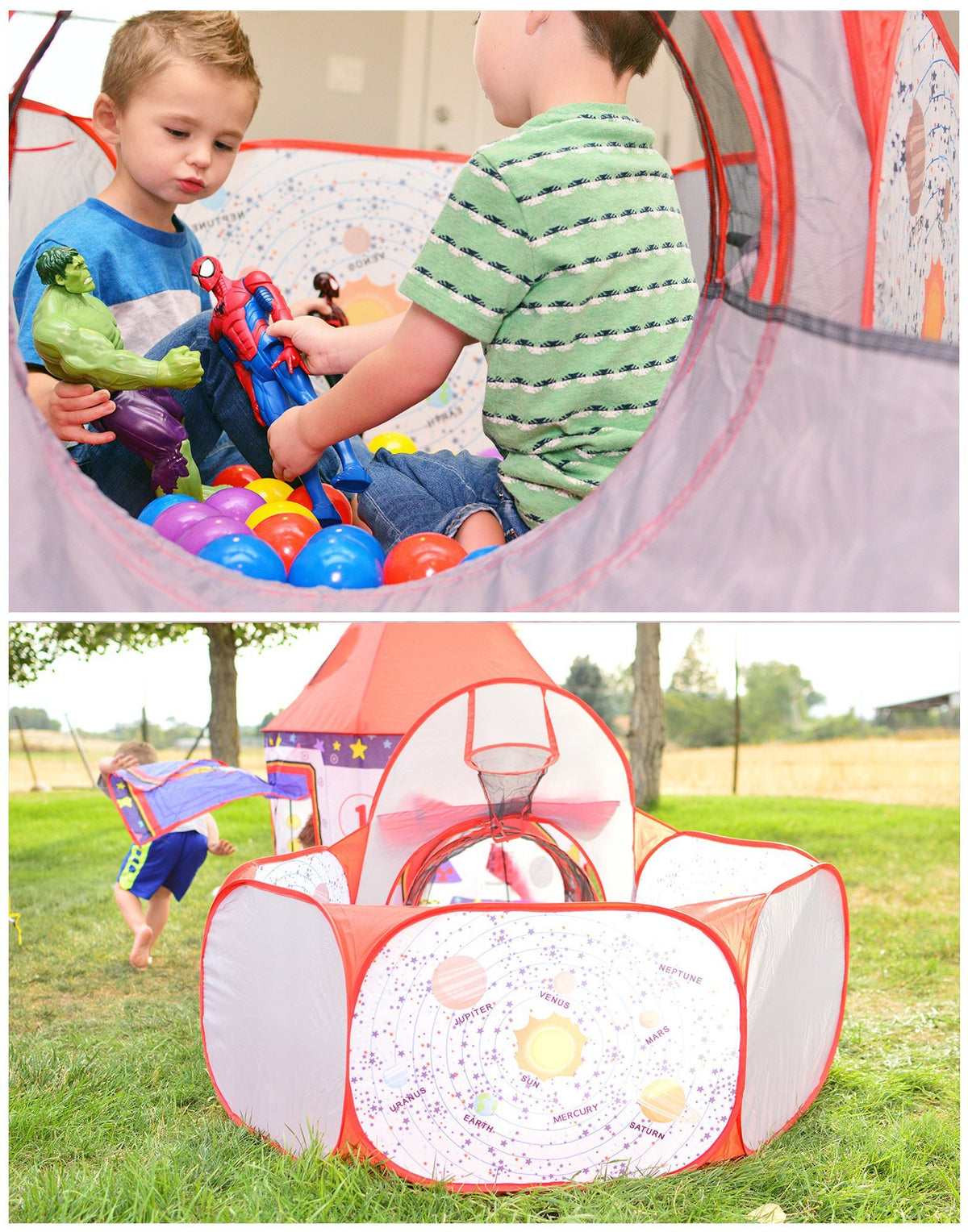 3pc Kids Play Tent Tunnel and Ball Pit with Basketball Hoop H46886
