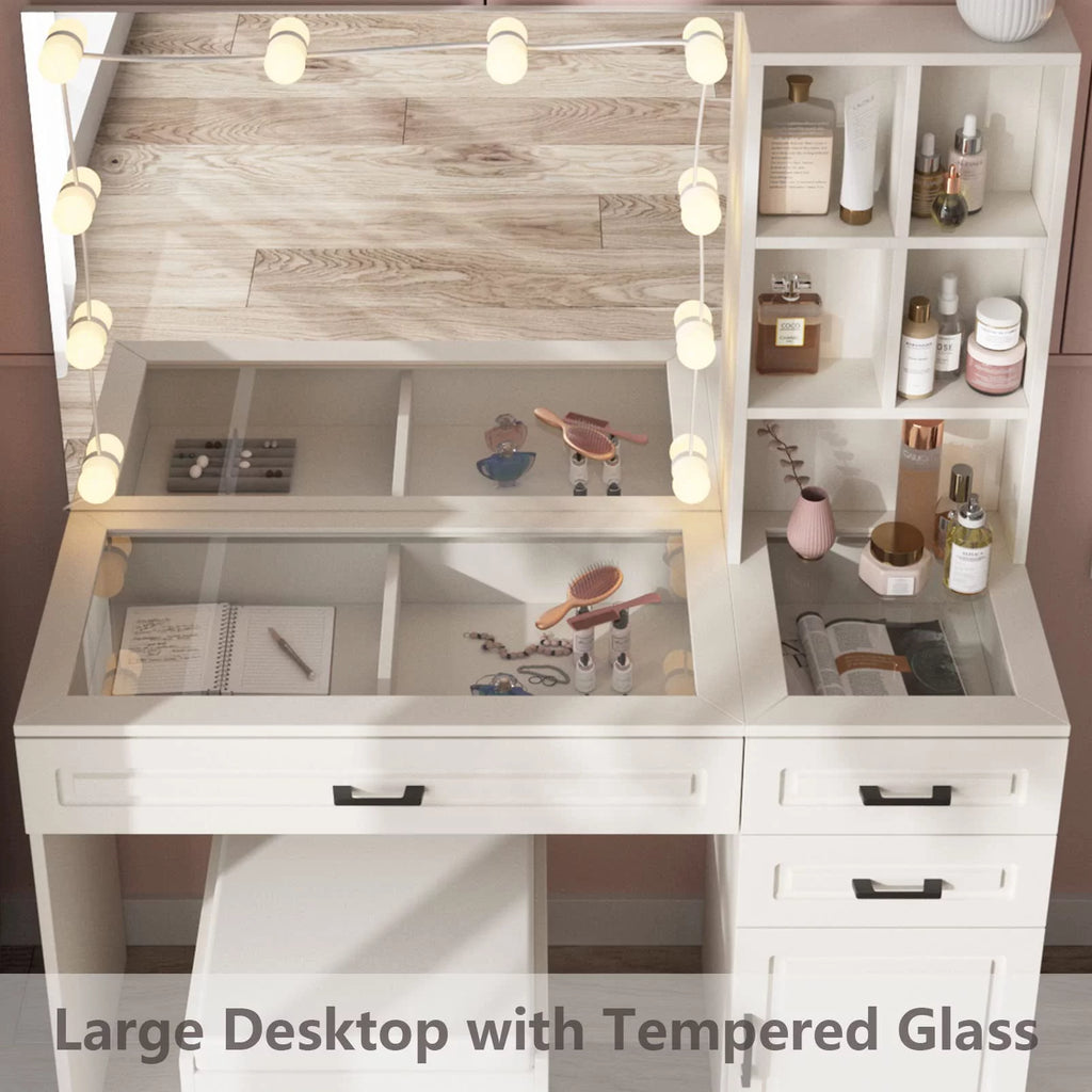 White 45in Vanity Desk Set with Lighted Mirror and Glass Desktop Y609