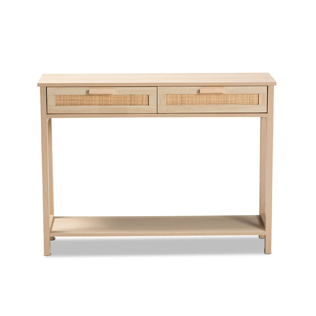 Light Brown Wood 2-Drawer Console Table with Rattan U398