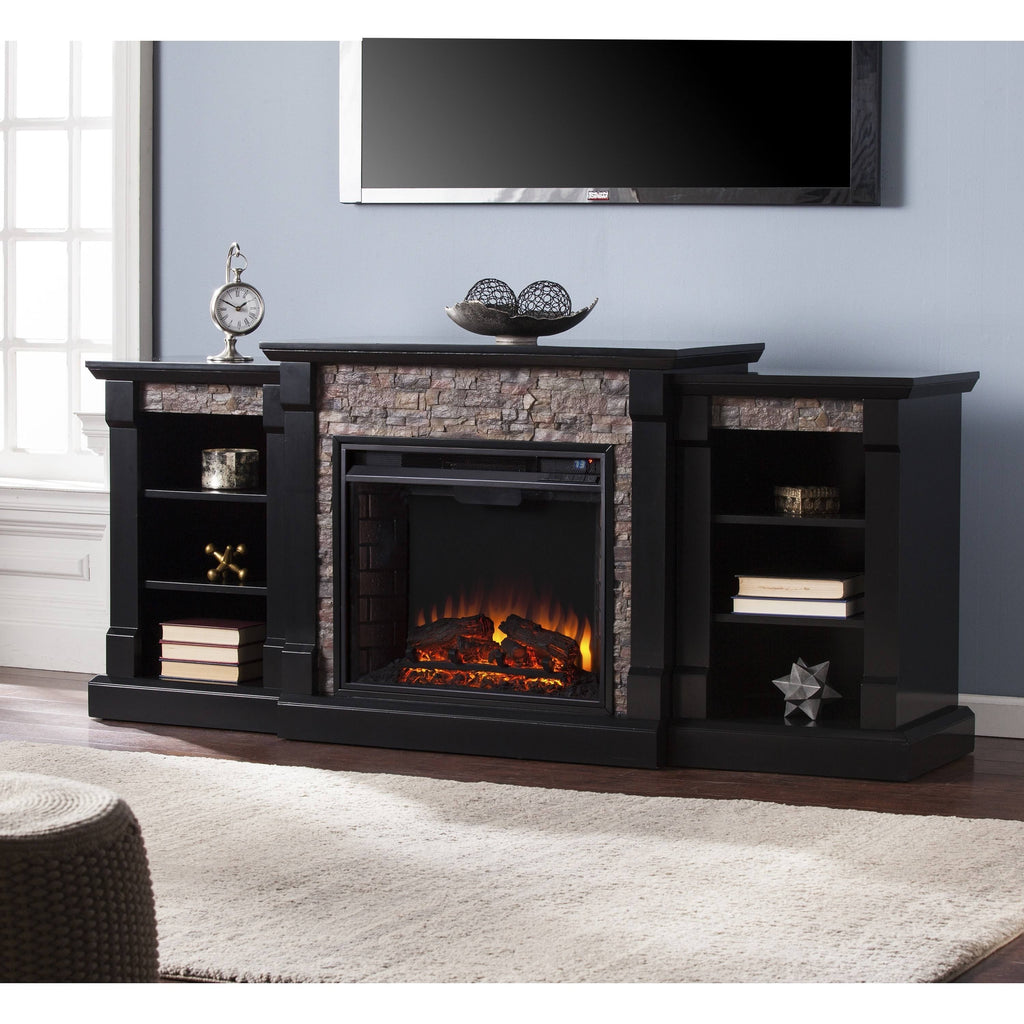 Black Faux Stone Electric Fireplace with Bookcases X24184