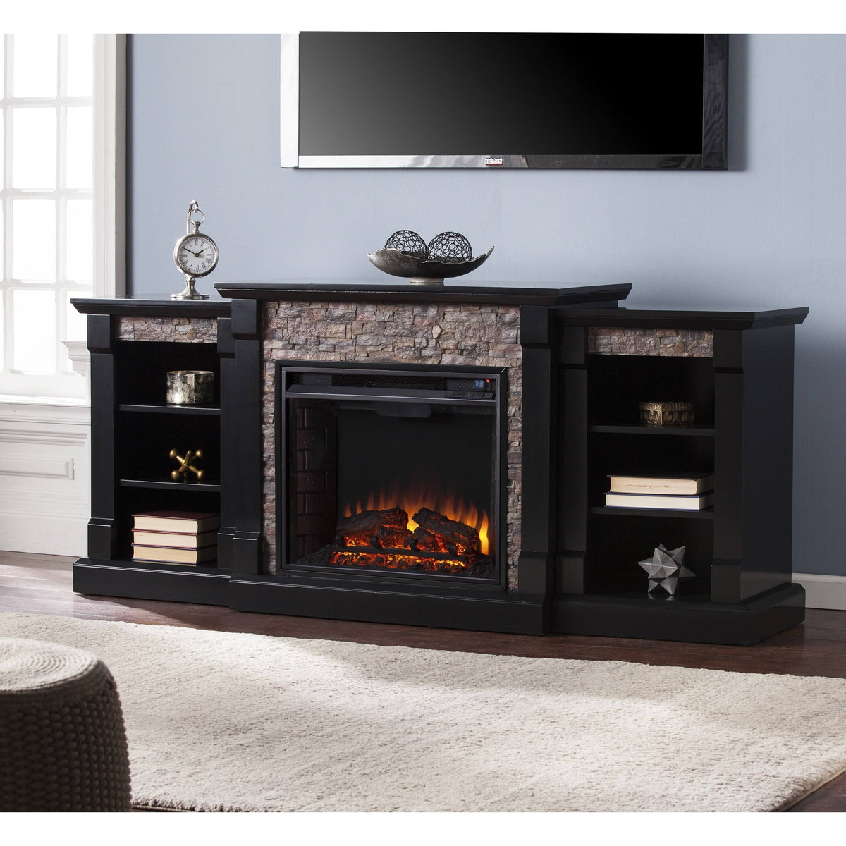 Black Faux Stone Electric Fireplace with Bookcases X24184