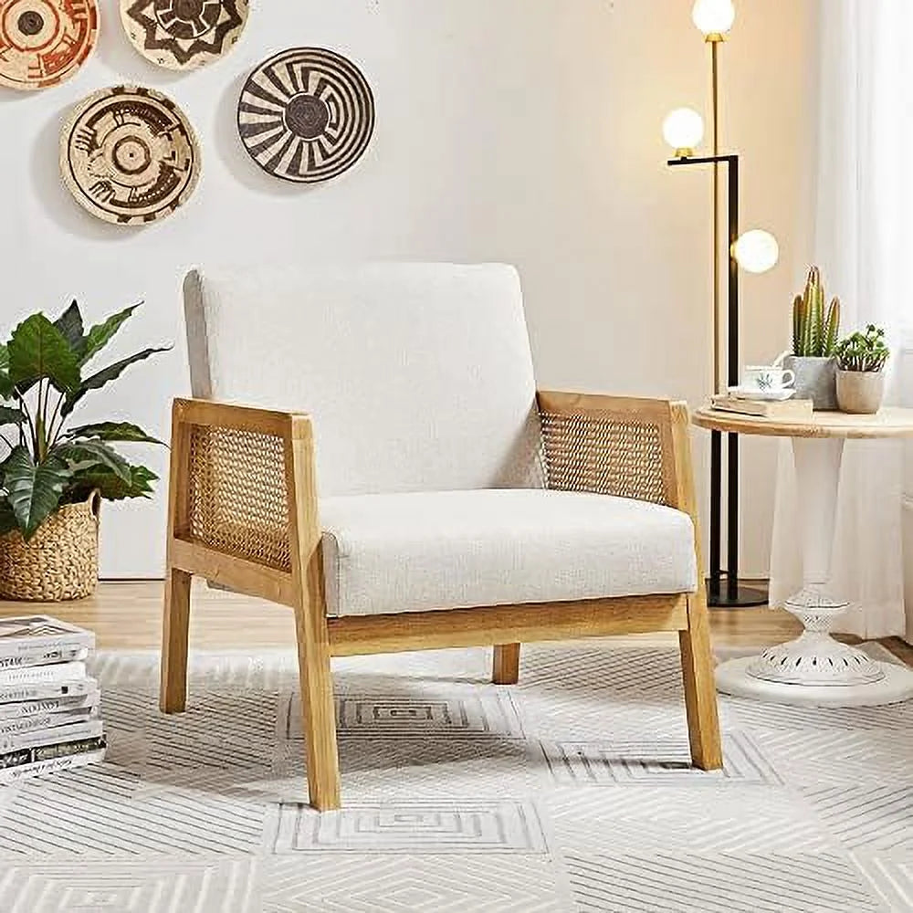 Ivory Boucle Fabric Accent Chair with Wood Armrest and Legs 2 pcs J56071