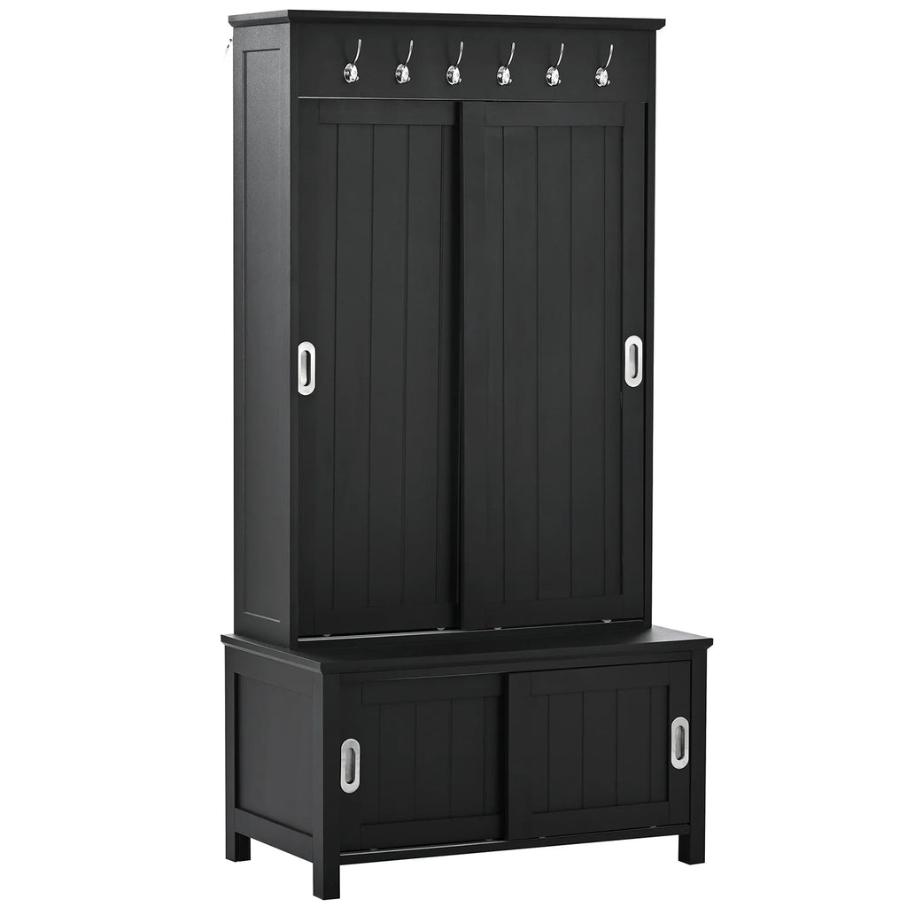Black Wooden Hall Tree with Bench and Shoe Storage T358