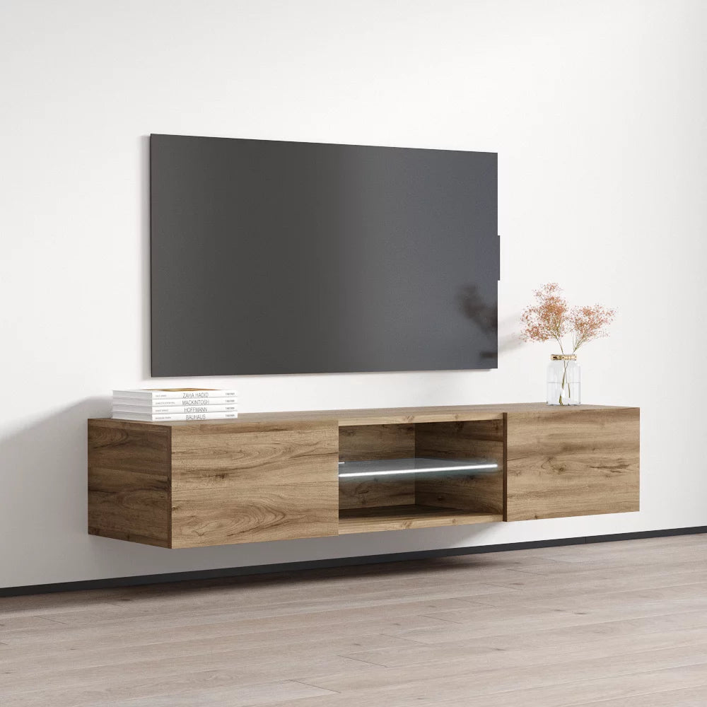 Floating TV Stand up to 70" High Gloss Wall Mounted Media Console with Storage Cabinets and LED Lights C59489