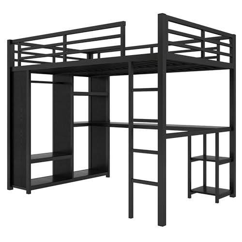 Queen Size Black Metal Loft Bed with Wardrobe and Desk H59215