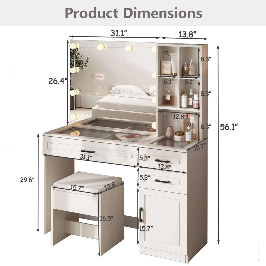 White 45in Vanity Desk Set with Lighted Mirror and Glass Desktop Y609