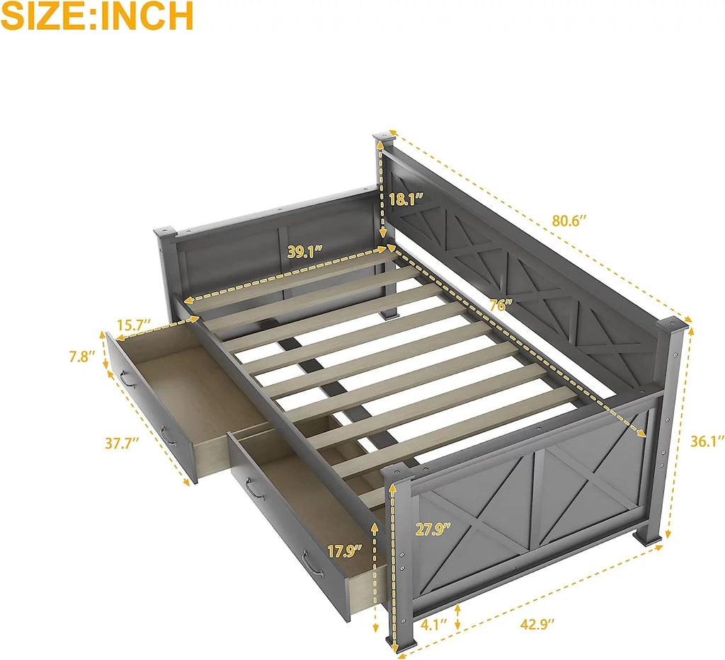 Grey Wood Daybed with Two Storage Drawers E1650