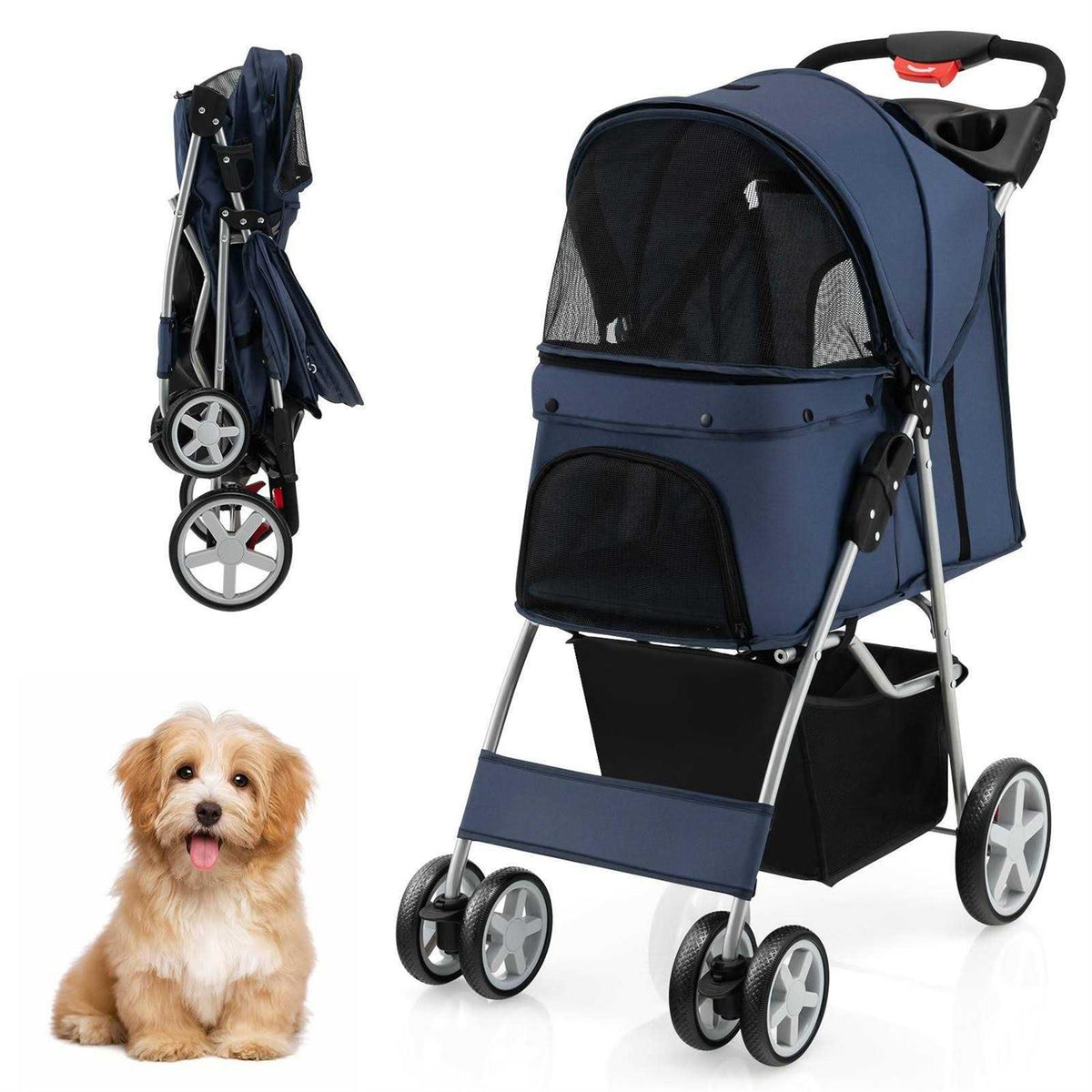 Foldable 4-Wheel Pet Stroller with Storage Basket J40919