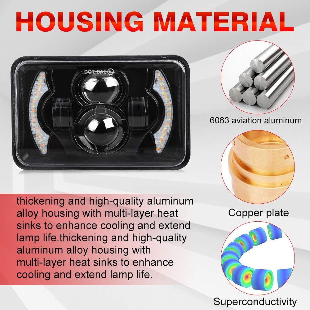 2pcs 4x6 Inch LED Headlights Sealed Beam 80W Amber Halo Rectangular Replacement Pack of 2 W41853