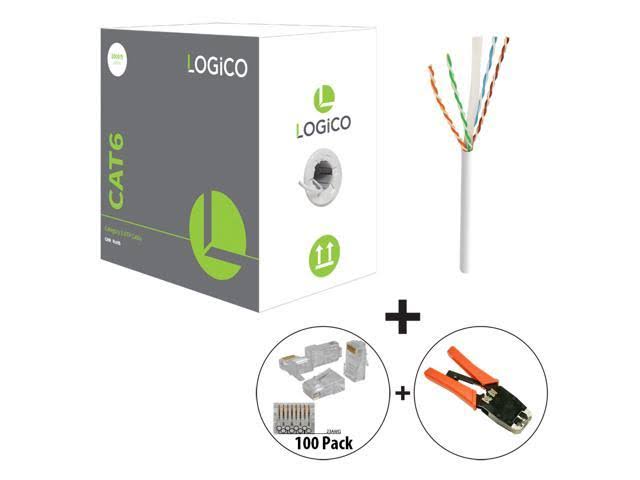 Cat6 UTP Riser CMR Cable 1000ft White with RJ45 Crimp Tool and 100 Piece Cat6 RJ45 Plugs Kit Q1805