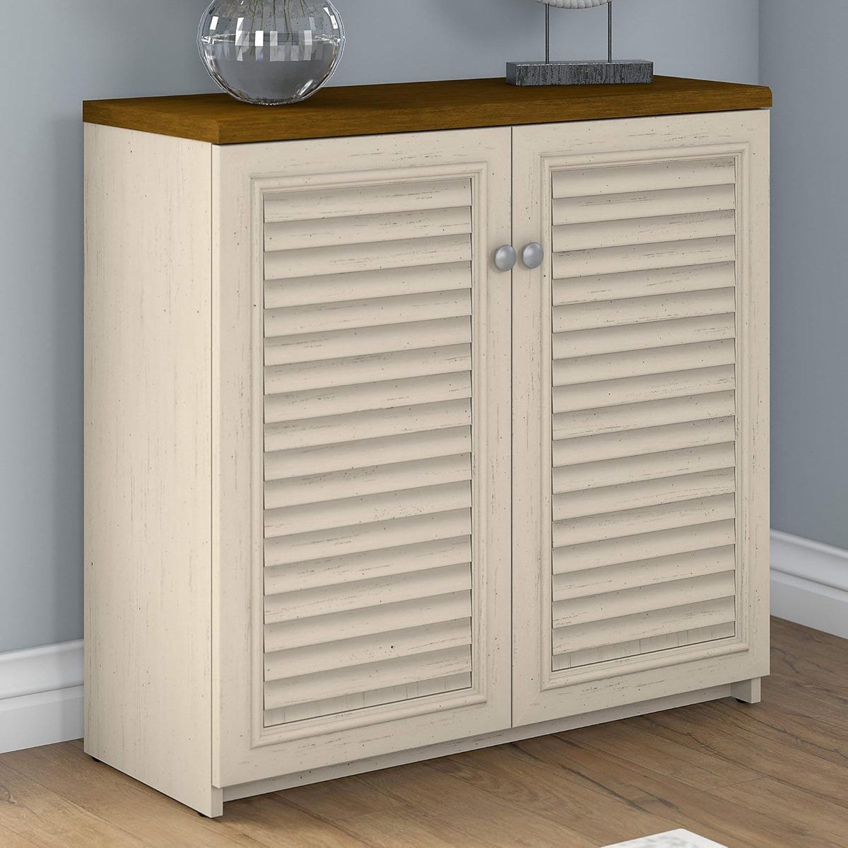 Antique White and Tea Maple Small Storage Cabinet with Doors F317668